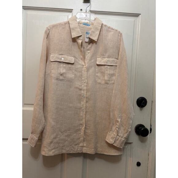 J. McLaughlin Britt Linen Shirt Womens XL Button Up Tan Collar Minimalist  NWT - Picture 1 of 9